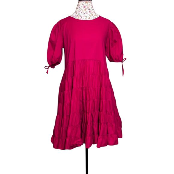 Merlette Sering Mini Dress Tiered Cotton Oversized Tent Swing Berry Pink Medium - Picture 2 of 9